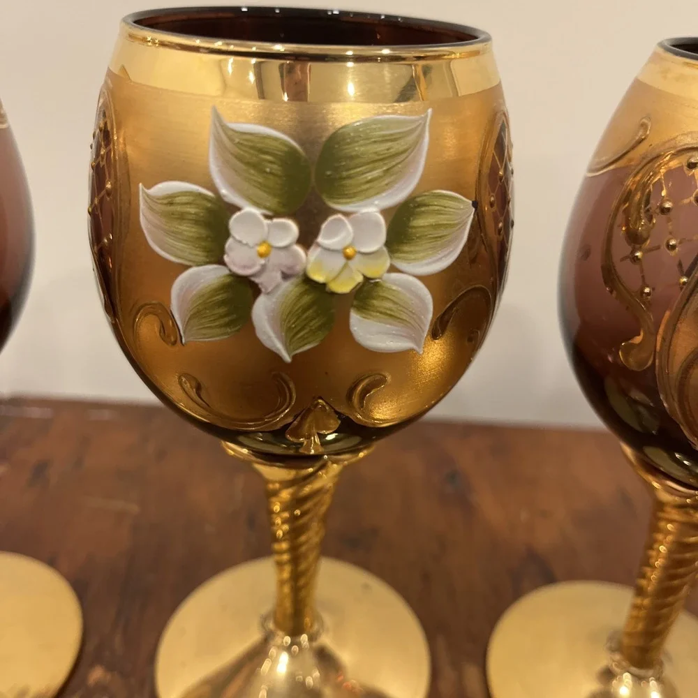 Vtg Tre Fuochi Italian Venetian Murano Glass Amber 24K Gold Floral Decanter Set